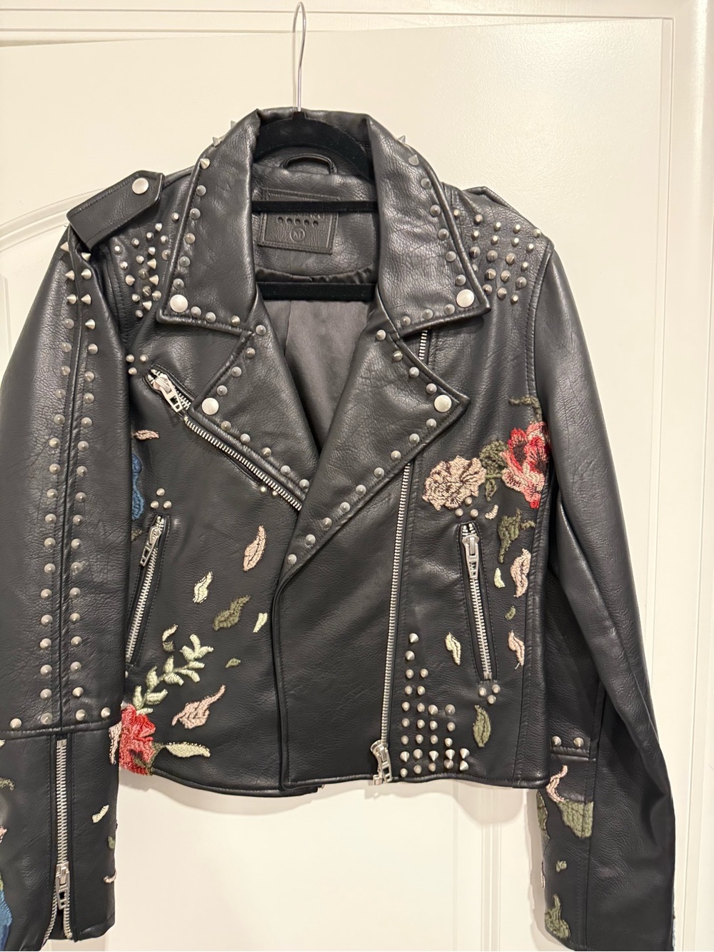 Blank NYC Black Embroidered Studded Leather Motorcycle Jacket